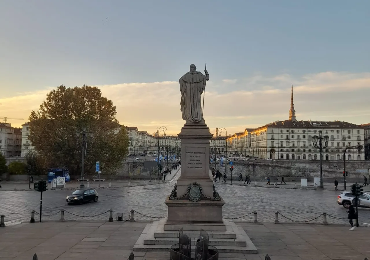 Piazza Vittorio Veneto and the river Po seen from Gran Madre at sunset